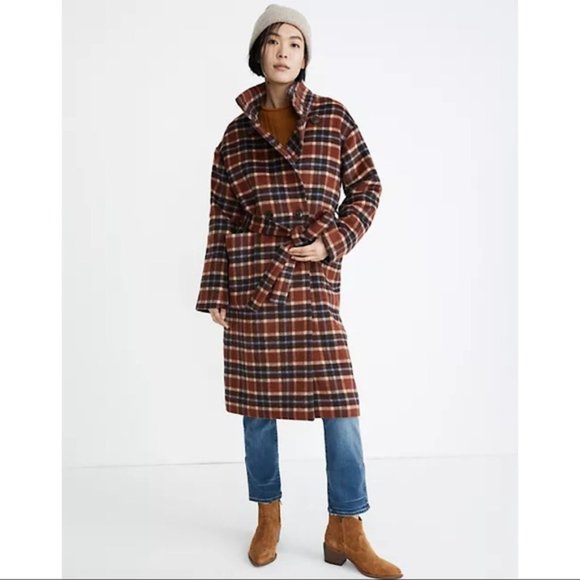 Madewell Jackets & Blazers - Madewell Brown Plaid Long Belted Coat Jacket